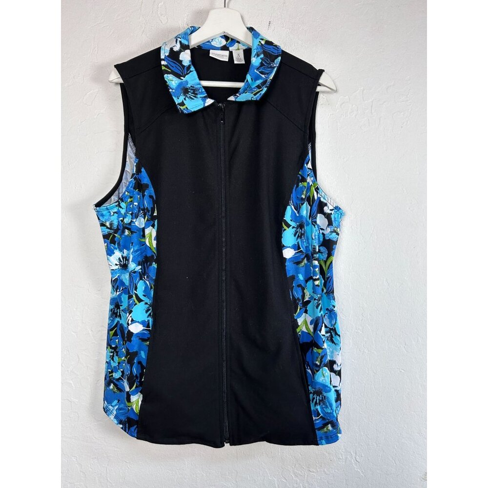 Weekends Chico's Womens Sleeveless Black Blue Floral Zip-Up Vest Size 3 Stretch